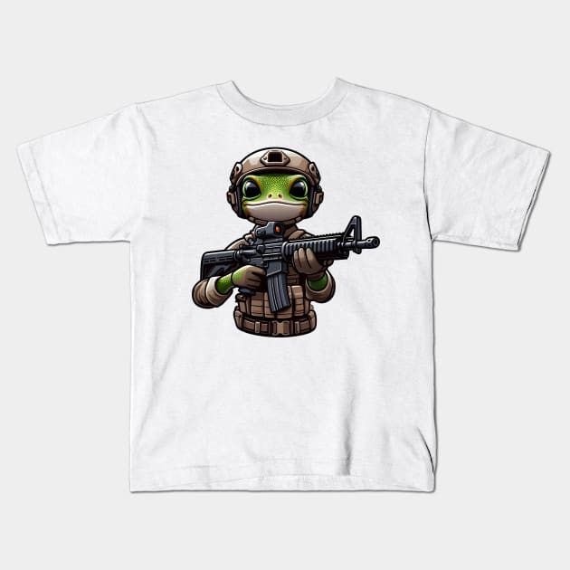 Tactical Gecko Kids T-Shirt by Rawlifegraphic